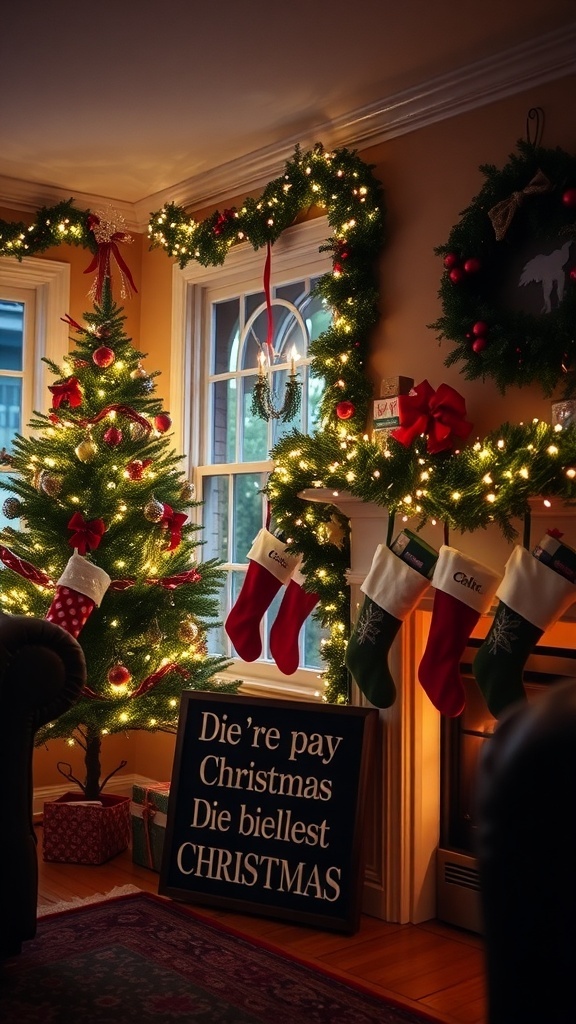 A cozy Christmas living room with a decorated tree, stockings, and a humorous quote sign.